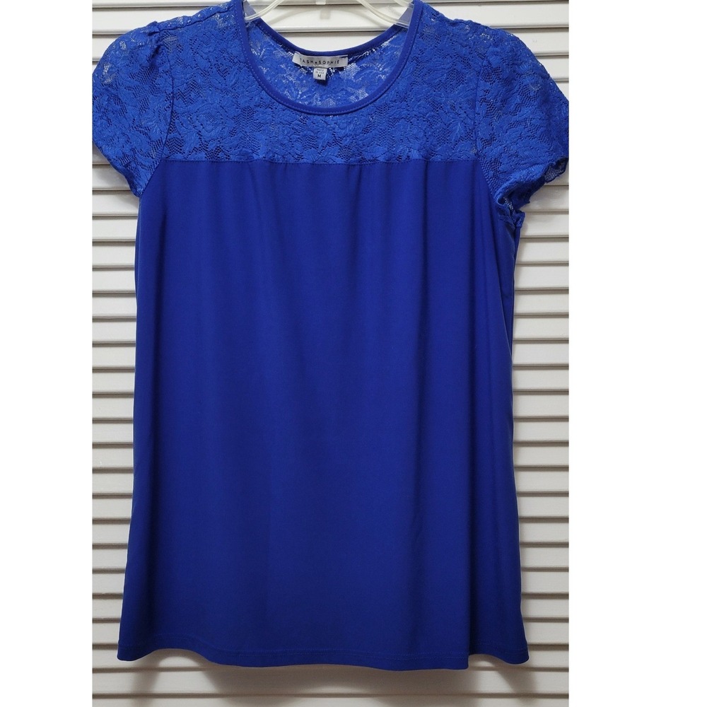 Tash + Sophie Cobalt Blue Lace Yoke Short Sleeve Blouse Medium Made in USA